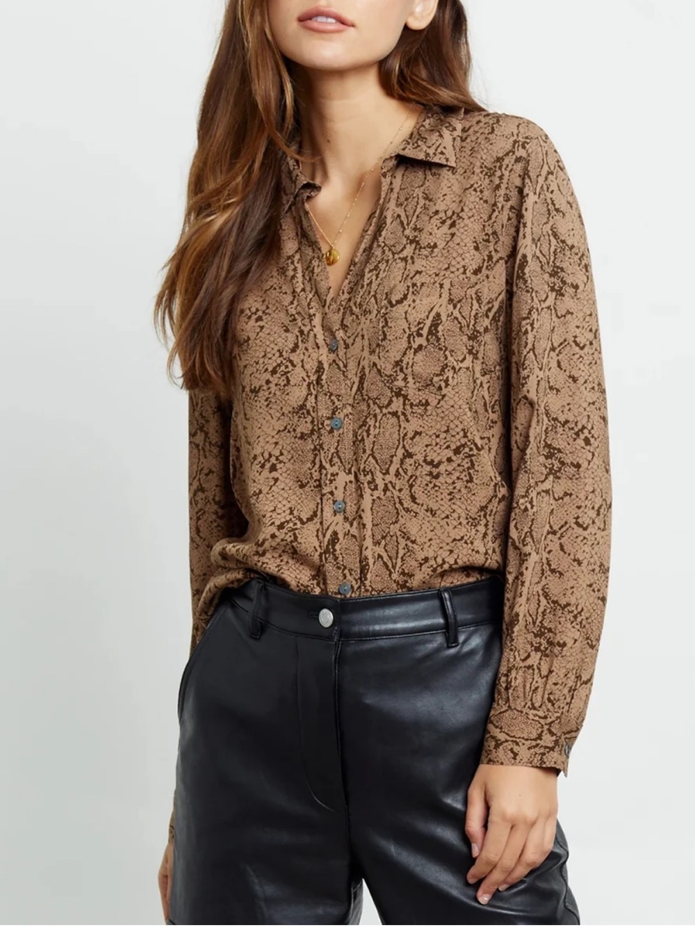 RAILS Noemi Shirt Button Front Brown Snakeskin Satin Neutral Fall Career Ll
